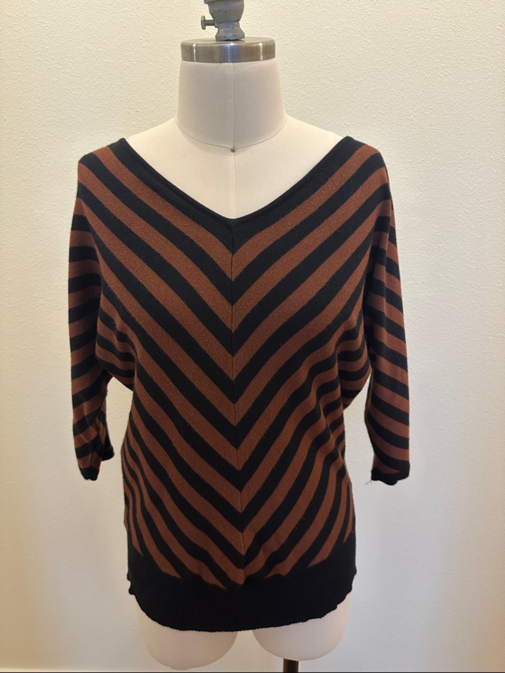 Premise Black and Brown V-Neck Striped Sweater